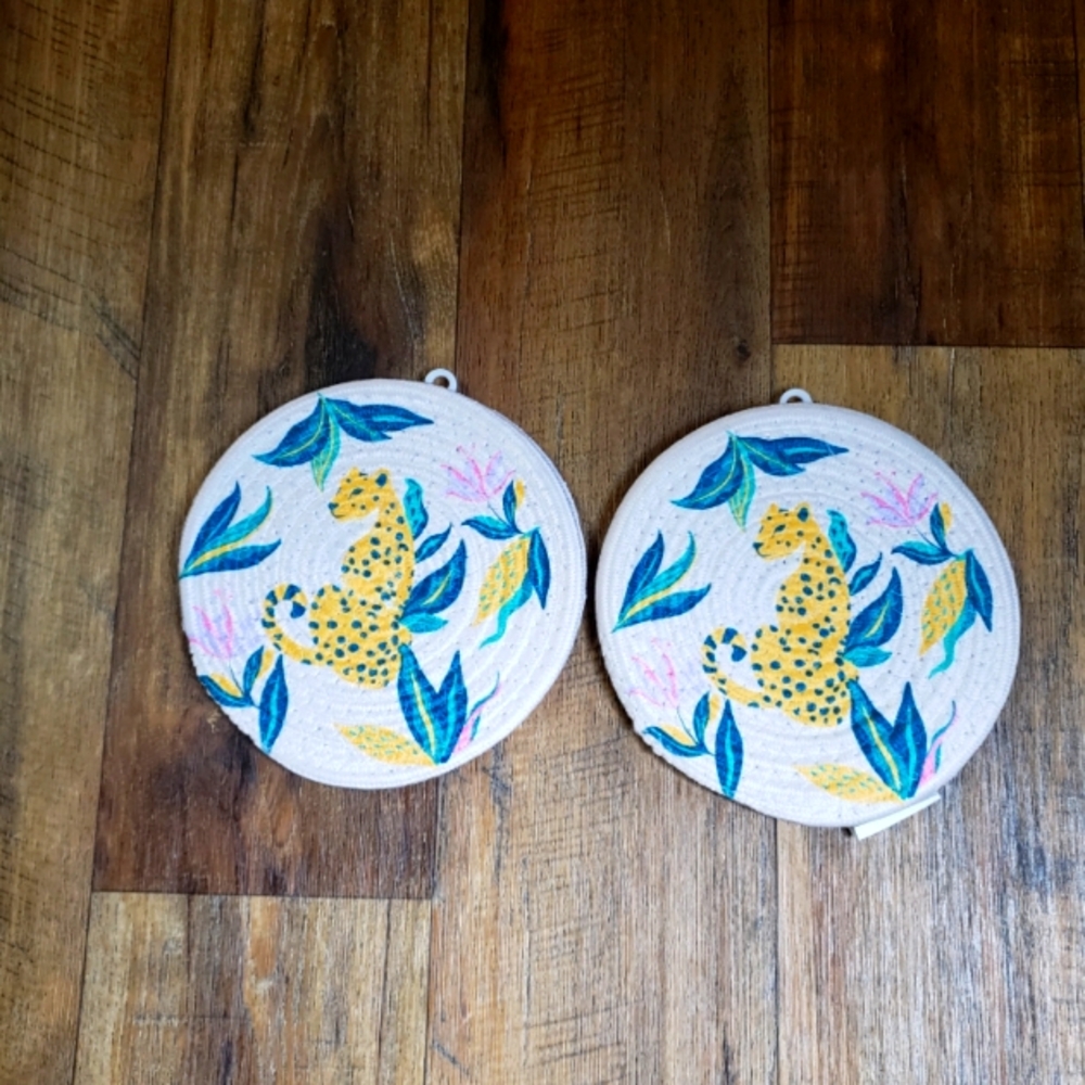 Set Of 4 Leopard and Leaf Embroidered Trivets